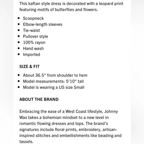 Johnny Was FLEUR KAFTAN DRESS WITH BRAIDED TIE leopard print with butterfly’s - Picture 12 of 14